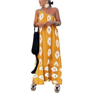 imagePRETTYGARDEN Womens 2026 Summer One Shoulder Maxi Dress Printed Flowy Boho Long Sundresses Spring Beach Vacation ClothesTurmeric White Floral