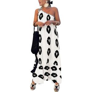 imagePRETTYGARDEN Womens 2026 Summer One Shoulder Maxi Dress Printed Flowy Boho Long Sundresses Spring Beach Vacation ClothesWhite Black Floral