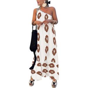 imagePRETTYGARDEN Womens 2026 Summer One Shoulder Maxi Dress Printed Flowy Boho Long Sundresses Spring Beach Vacation ClothesWhite Khaki Floral