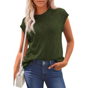 imagePRETTYGARDEN Womens 2026 Summer Sweater Vest Lightweight Knit Cap Sleeve Hollow Out Tank Tops Crochet Coverup Spring OutfitsArmy Green