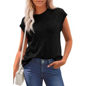 imagePRETTYGARDEN Womens 2026 Summer Sweater Vest Lightweight Knit Cap Sleeve Hollow Out Tank Tops Crochet Coverup Spring OutfitsBlack