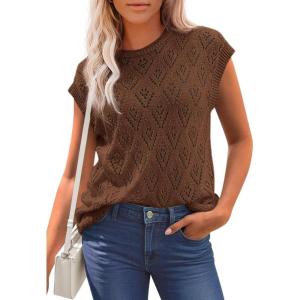 imagePRETTYGARDEN Womens 2026 Summer Sweater Vest Lightweight Knit Cap Sleeve Hollow Out Tank Tops Crochet Coverup Spring OutfitsBrown