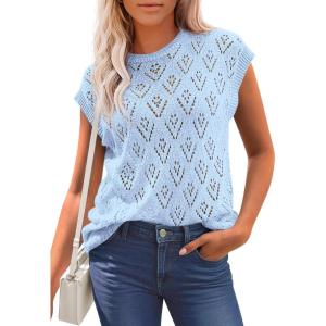 imagePRETTYGARDEN Womens 2026 Summer Sweater Vest Lightweight Knit Cap Sleeve Hollow Out Tank Tops Crochet Coverup Spring OutfitsLight Blue