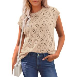 imagePRETTYGARDEN Womens 2026 Summer Sweater Vest Lightweight Knit Cap Sleeve Hollow Out Tank Tops Crochet Coverup Spring OutfitsLight Khaki