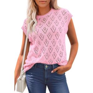 imagePRETTYGARDEN Womens 2026 Summer Sweater Vest Lightweight Knit Cap Sleeve Hollow Out Tank Tops Crochet Coverup Spring OutfitsLight Pink