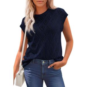 imagePRETTYGARDEN Womens 2026 Summer Sweater Vest Lightweight Knit Cap Sleeve Hollow Out Tank Tops Crochet Coverup Spring OutfitsNavy Blue