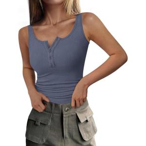 imagePRETTYGARDEN Womens 2026 Summer Tank Tops Ribbed Knit Slim Fit Sleeveless Henley Shirts Casual Basic Button Up BlouseBlue Grey