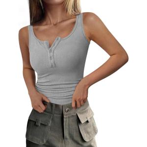 imagePRETTYGARDEN Womens 2026 Summer Tank Tops Ribbed Knit Slim Fit Sleeveless Henley Shirts Casual Basic Button Up BlouseGrey