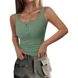 imagePRETTYGARDEN Womens 2026 Summer Tank Tops Ribbed Knit Slim Fit Sleeveless Henley Shirts Casual Basic Button Up BlouseGrey Green