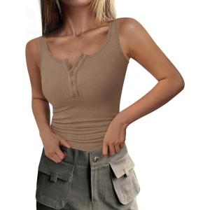 imagePRETTYGARDEN Womens 2026 Summer Tank Tops Ribbed Knit Slim Fit Sleeveless Henley Shirts Casual Basic Button Up BlouseKhaki
