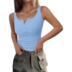 imagePRETTYGARDEN Womens 2026 Summer Tank Tops Ribbed Knit Slim Fit Sleeveless Henley Shirts Casual Basic Button Up BlouseLight Blue