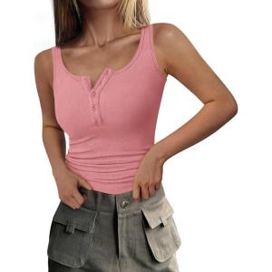 imagePRETTYGARDEN Womens 2026 Summer Tank Tops Ribbed Knit Slim Fit Sleeveless Henley Shirts Casual Basic Button Up BlousePink