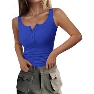 imagePRETTYGARDEN Womens 2026 Summer Tank Tops Ribbed Knit Slim Fit Sleeveless Henley Shirts Casual Basic Button Up BlouseRoyal Blue