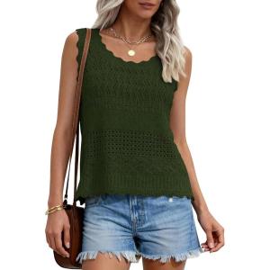 imagePRETTYGARDEN Womens Crochet Tank Tops 2026 Summer Spring Boho Sleeveless Cute Knit Sweater Vest Trendy Beach Vacation ClothesArmy Green
