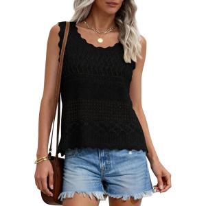 imagePRETTYGARDEN Womens Crochet Tank Tops 2026 Summer Spring Boho Sleeveless Cute Knit Sweater Vest Trendy Beach Vacation ClothesBlack