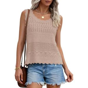 imagePRETTYGARDEN Womens Crochet Tank Tops 2026 Summer Spring Boho Sleeveless Cute Knit Sweater Vest Trendy Beach Vacation ClothesKhaki