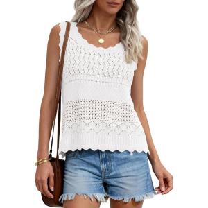 imagePRETTYGARDEN Womens Crochet Tank Tops 2026 Summer Spring Boho Sleeveless Cute Knit Sweater Vest Trendy Beach Vacation ClothesWhite