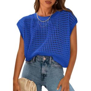 imagePRETTYGARDEN Womens Spring Tops 2026 Summer Shirts Crochet Cap Sleeve Sweater Pullover Cute Beach Vacation ClothesBlue