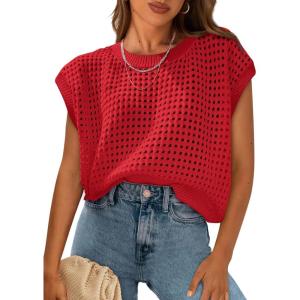 imagePRETTYGARDEN Womens Spring Tops 2026 Summer Shirts Crochet Cap Sleeve Sweater Pullover Cute Beach Vacation ClothesDark Orange