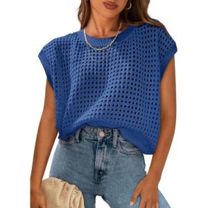 imagePRETTYGARDEN Womens Spring Tops 2026 Summer Shirts Crochet Cap Sleeve Sweater Pullover Cute Beach Vacation ClothesGrey Blue