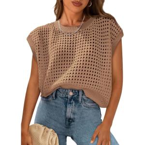 imagePRETTYGARDEN Womens Spring Tops 2026 Summer Shirts Crochet Cap Sleeve Sweater Pullover Cute Beach Vacation ClothesKhaki