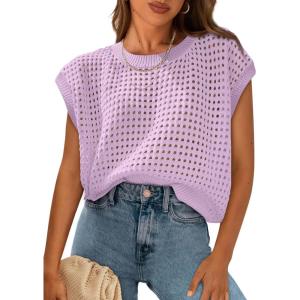 imagePRETTYGARDEN Womens Spring Tops 2026 Summer Shirts Crochet Cap Sleeve Sweater Pullover Cute Beach Vacation ClothesLight Purple