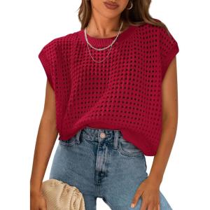 imagePRETTYGARDEN Womens Spring Tops 2026 Summer Shirts Crochet Cap Sleeve Sweater Pullover Cute Beach Vacation ClothesRed