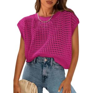 imagePRETTYGARDEN Womens Spring Tops 2026 Summer Shirts Crochet Cap Sleeve Sweater Pullover Cute Beach Vacation ClothesRose Red