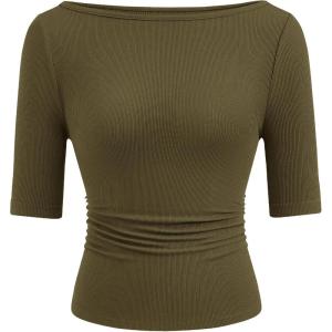 imagePRETTYGARDEN Womens Summer Short Sleeve Tops Boat Neck Ribbed Knit Slim Fit T Shirt Casual Basic Top 2026 Spring ClothesArmy Green