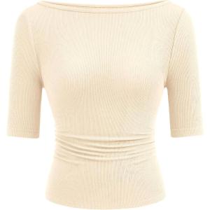 imagePRETTYGARDEN Womens Summer Short Sleeve Tops Boat Neck Ribbed Knit Slim Fit T Shirt Casual Basic Top 2026 Spring ClothesBeige