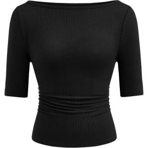 imagePRETTYGARDEN Womens Summer Short Sleeve Tops Boat Neck Ribbed Knit Slim Fit T Shirt Casual Basic Top 2026 Spring ClothesBlack