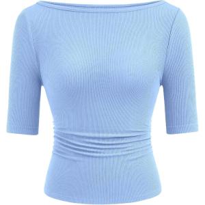 imagePRETTYGARDEN Womens Summer Short Sleeve Tops Boat Neck Ribbed Knit Slim Fit T Shirt Casual Basic Top 2026 Spring ClothesLight Blue