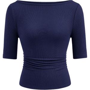 imagePRETTYGARDEN Womens Summer Short Sleeve Tops Boat Neck Ribbed Knit Slim Fit T Shirt Casual Basic Top 2026 Spring ClothesNavy Blue