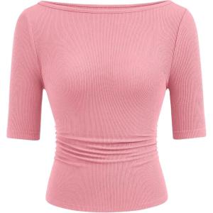 imagePRETTYGARDEN Womens Summer Short Sleeve Tops Boat Neck Ribbed Knit Slim Fit T Shirt Casual Basic Top 2026 Spring ClothesPink
