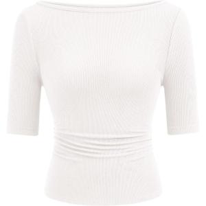 imagePRETTYGARDEN Womens Summer Short Sleeve Tops Boat Neck Ribbed Knit Slim Fit T Shirt Casual Basic Top 2026 Spring ClothesWhite