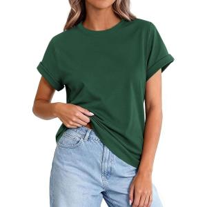 imagePRETTYGARDEN Womens Summer Tops 2026 Spring Casual Rolled Short Sleeve Basic Tees Crew Neck Work Shirts Fashion ClothingDark Green