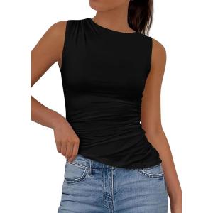 imagePRETTYGARDEN Womens Tank Top Spring 2026 Ruched Asymmetrical Going Out Top Slim Fit Sleeveless Shirts Summer ClothesBlack