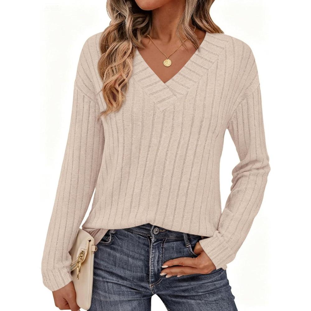 imagePRETTYGARDEN Fall Fashion 2026 Long Sleeve Shirts for Women Ribbed Knit V Neck Dressy Casual Lightweight Sweaters Tunic TopsBeige