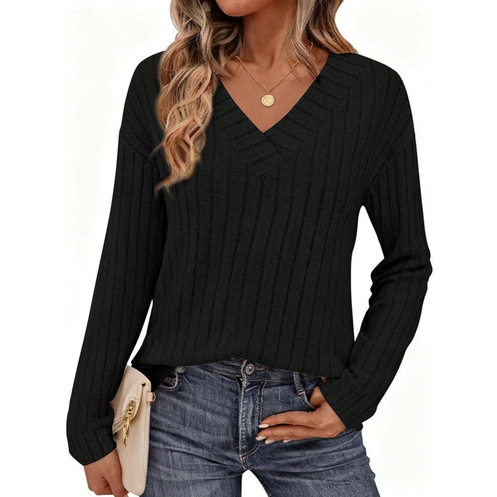 imagePRETTYGARDEN Fall Fashion 2026 Long Sleeve Shirts for Women Ribbed Knit V Neck Dressy Casual Lightweight Sweaters Tunic TopsBlack