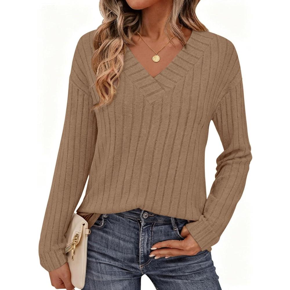 imagePRETTYGARDEN Fall Fashion 2026 Long Sleeve Shirts for Women Ribbed Knit V Neck Dressy Casual Lightweight Sweaters Tunic TopsKhaki