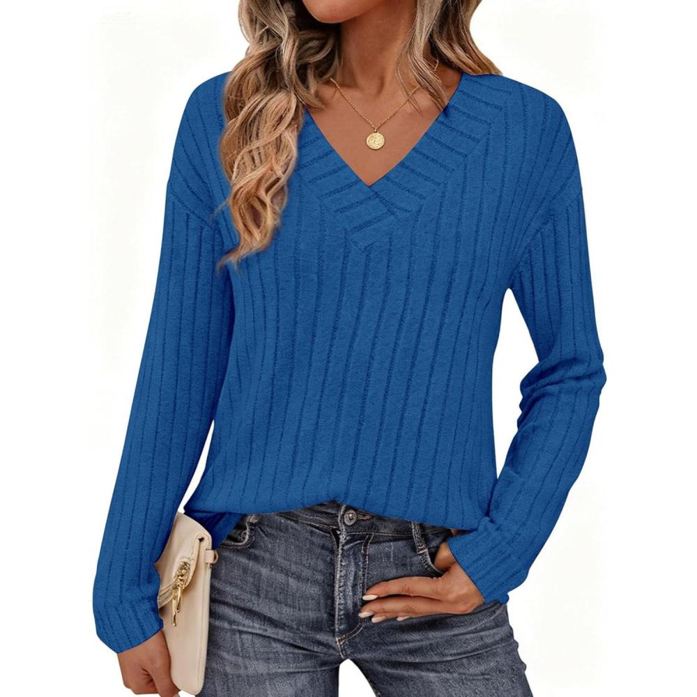 imagePRETTYGARDEN Fall Fashion 2026 Long Sleeve Shirts for Women Ribbed Knit V Neck Dressy Casual Lightweight Sweaters Tunic TopsRoyal Blue