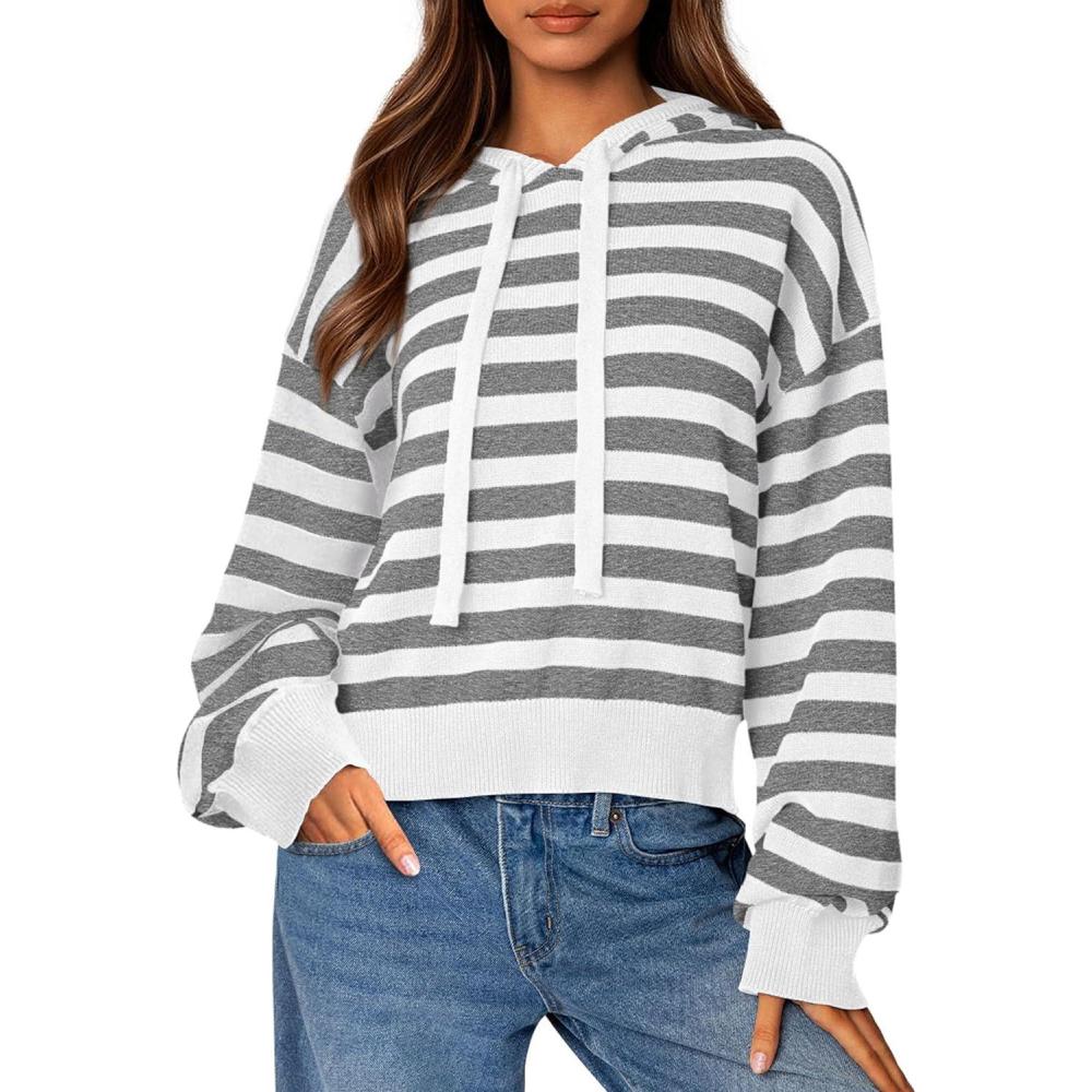imagePRETTYGARDEN Hoodies for Women Fall Fashion 2026 Striped Pullover Sweaters Casual Long Sleeve Tops Winter ClothingStriped Grey White