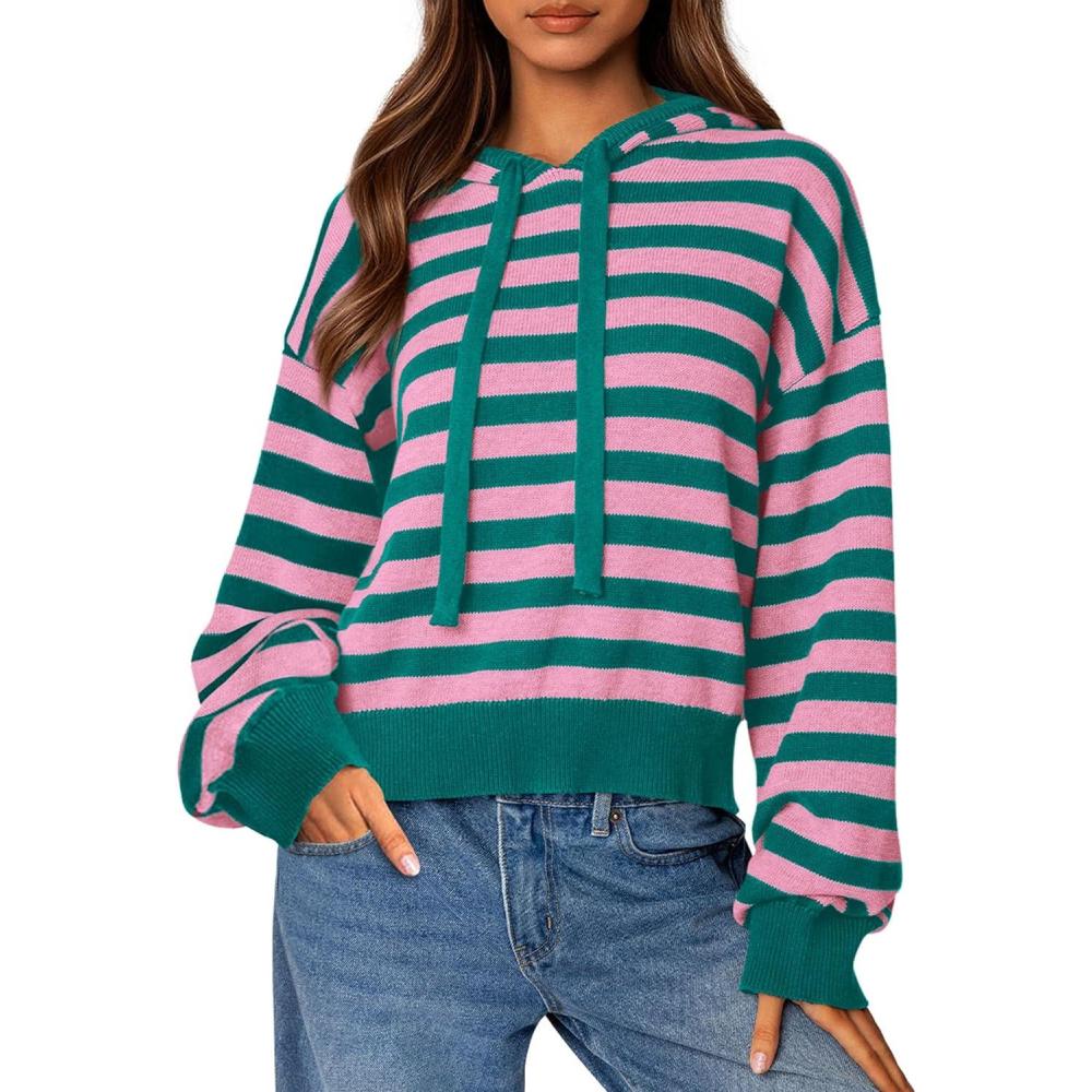 imagePRETTYGARDEN Hoodies for Women Fall Fashion 2026 Striped Pullover Sweaters Casual Long Sleeve Tops Winter ClothingStriped Pink Green