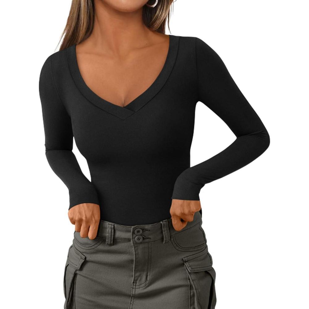 imagePRETTYGARDEN Long Sleeve Shirts for Women 2026 Fall Fashion V Neck Going Out Tops Slim Fit Basic Tees Y2K ClothesBlack