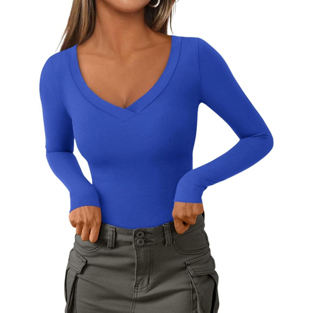 imagePRETTYGARDEN Long Sleeve Shirts for Women 2026 Fall Fashion V Neck Going Out Tops Slim Fit Basic Tees Y2K ClothesBlue