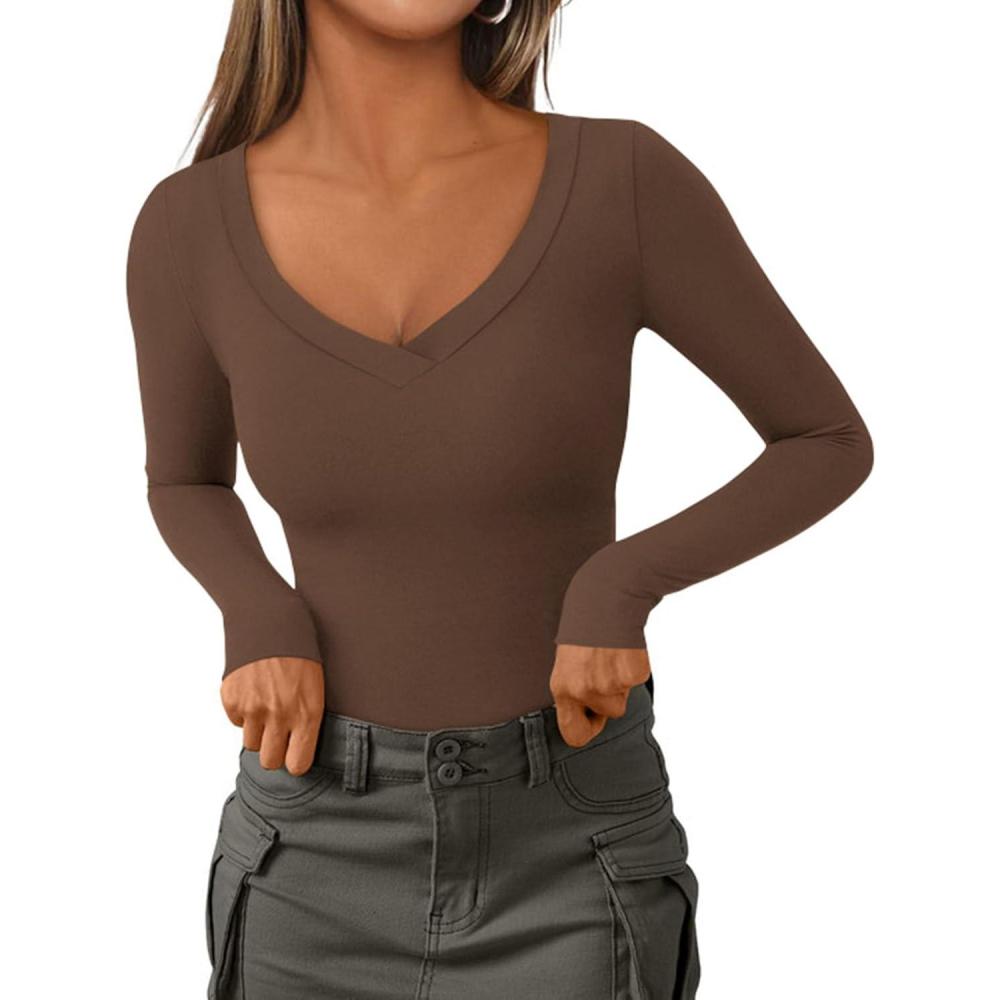 imagePRETTYGARDEN Long Sleeve Shirts for Women 2026 Fall Fashion V Neck Going Out Tops Slim Fit Basic Tees Y2K ClothesBrown