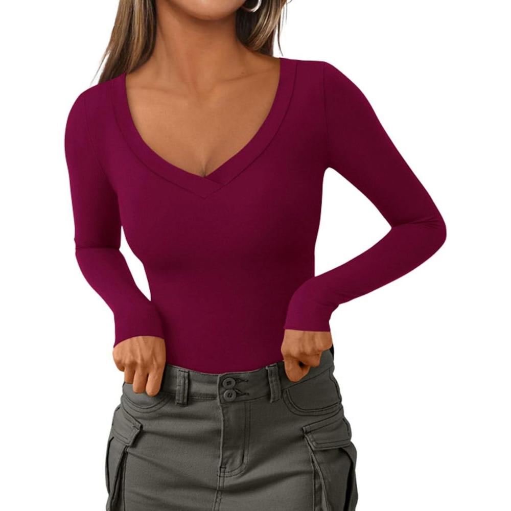 imagePRETTYGARDEN Long Sleeve Shirts for Women 2026 Fall Fashion V Neck Going Out Tops Slim Fit Basic Tees Y2K ClothesBurgundy