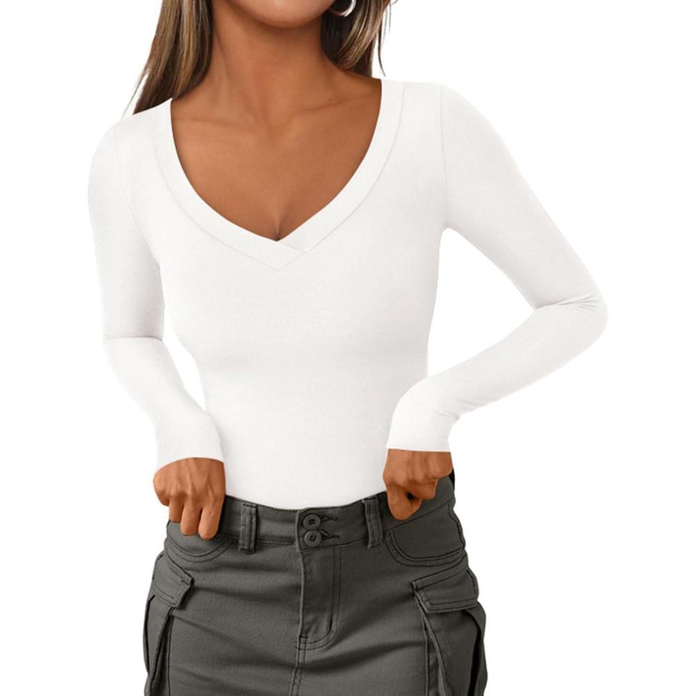 imagePRETTYGARDEN Long Sleeve Shirts for Women 2026 Fall Fashion V Neck Going Out Tops Slim Fit Basic Tees Y2K ClothesWhite