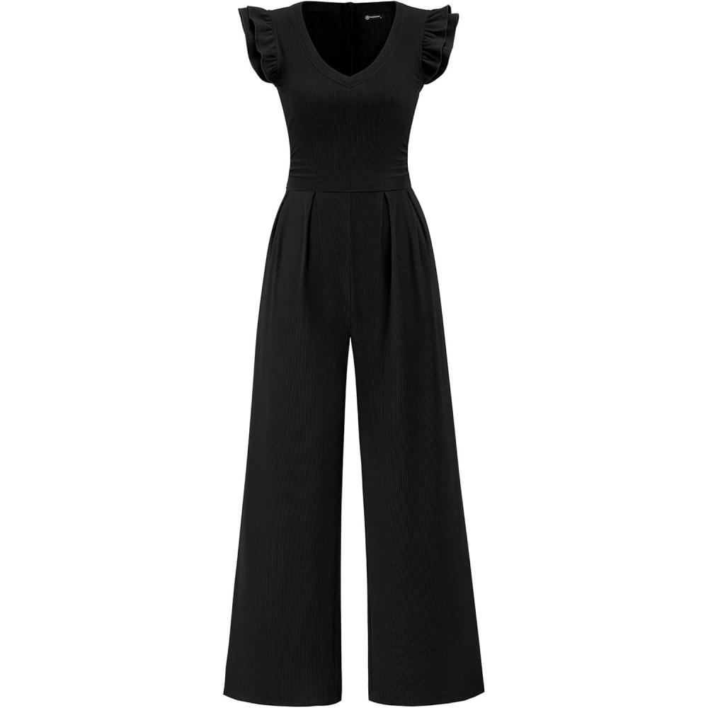imagePRETTYGARDEN One Piece Jumpsuits For Women Dressy Ruffle Cap Sleeve V Neck Ribbed Knit Wide Leg Romper Casual Spring OutfitsBlack