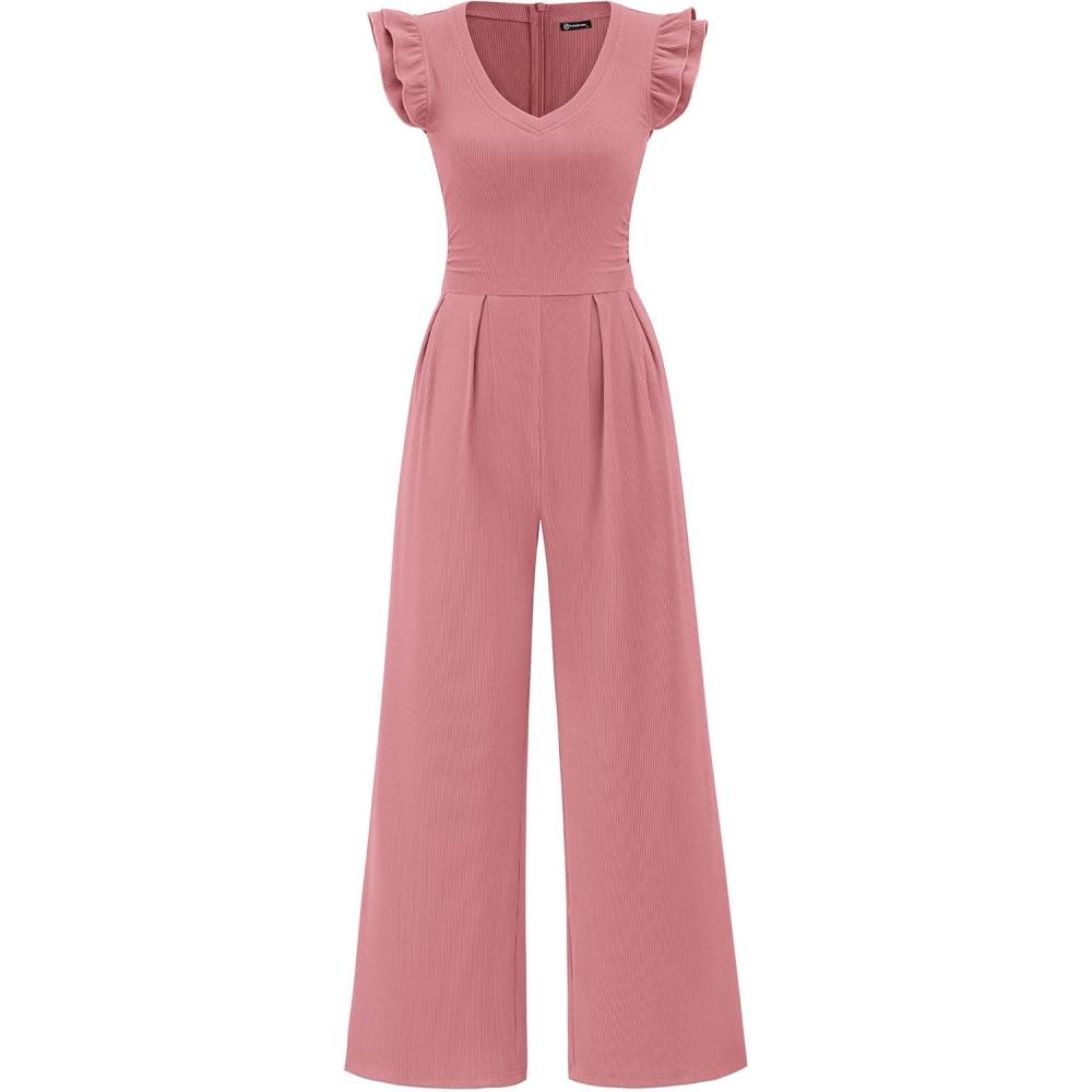 imagePRETTYGARDEN One Piece Jumpsuits For Women Dressy Ruffle Cap Sleeve V Neck Ribbed Knit Wide Leg Romper Casual Spring OutfitsDusty Pink